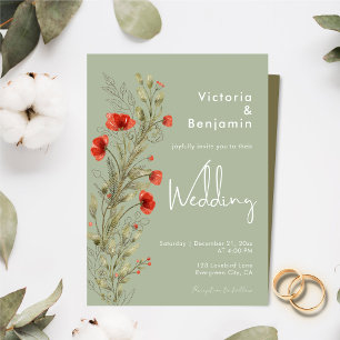 Simple Watercolor Wild Floral Boho Sage Wedding Invitation