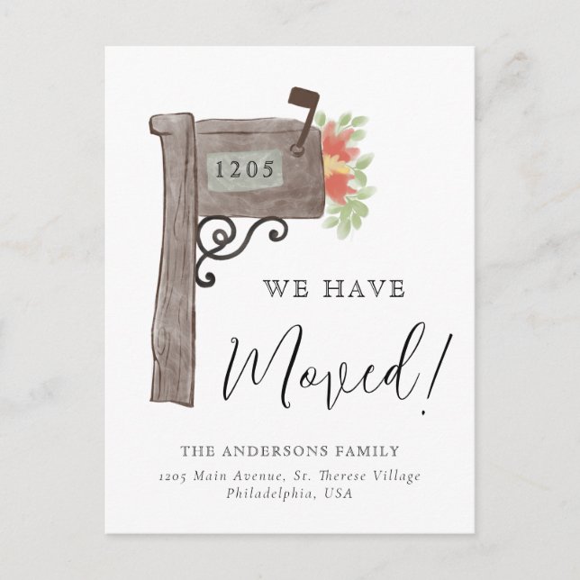 Simple Watercolor Wooden Mailbox New Home Moving Announcement Postcard (Front)