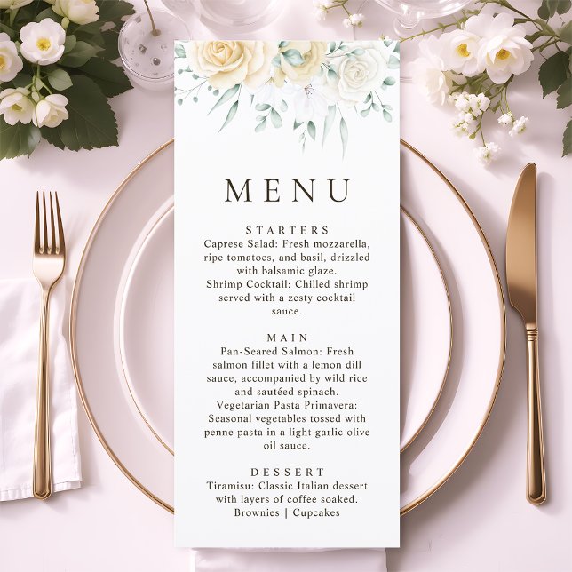 Simple Watercolour Eucalyptus White Rose Wedding Menu (Creator Uploaded)