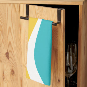 Simple Waves 2 in Turquoise, Yellow, and White Tea Towel
