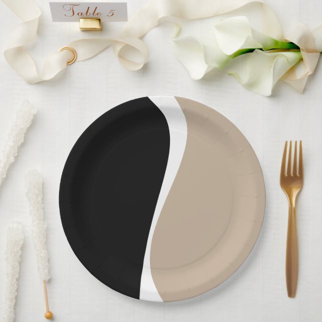 Simple Waves 2 - Taupe, Black and White Paper Plate (Wedding)