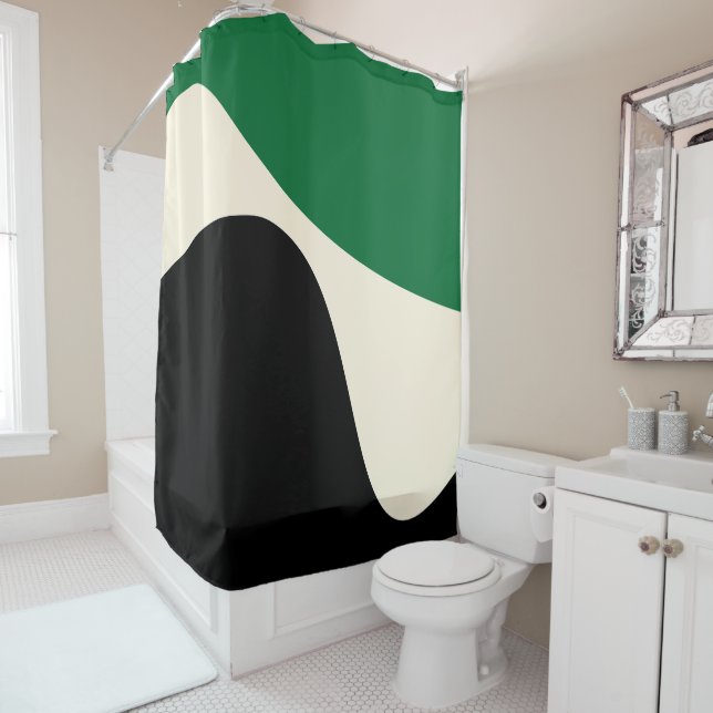 Simple Waves 4 in Green, Cream and Black  Shower Curtain (In Situ)
