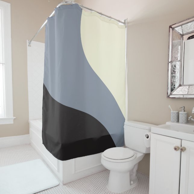 Simple Waves - Black, Grey and Cream Shower Curtain (In Situ)