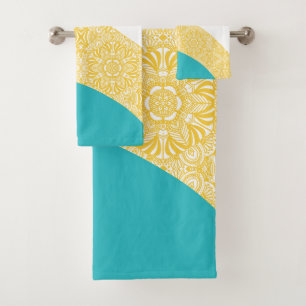 Simple Waves - Floral Pattern Turquoise and Yellow Bath Towel Set