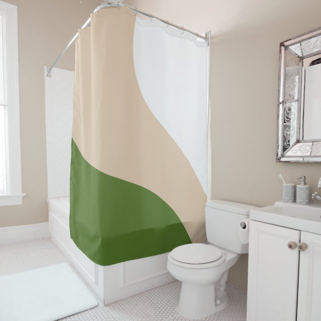 Simple Waves - White, Sand & Palm Green Shower Curtain (In Situ)