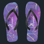 Simple Wavy Gold Lines Purple Wedding Bride Flip Flops<br><div class="desc">These personalised flip flops feature a simple wavy gold lines and sparkles pattern on the purple background. The beautiful flip flops are a memorable gift for wedding party members: bride, bridesmaids, mother of the bride, maid of honour... They will add a stylish dose of glam to your wedding day, bachelorette party, or other...</div>