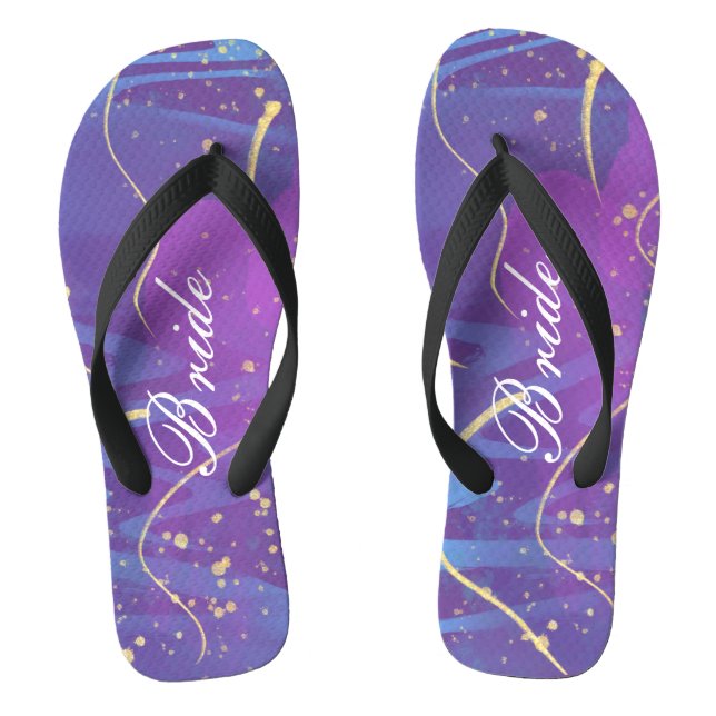 Simple Wavy Gold Lines Purple Wedding Bride Flip Flops (Footbed)