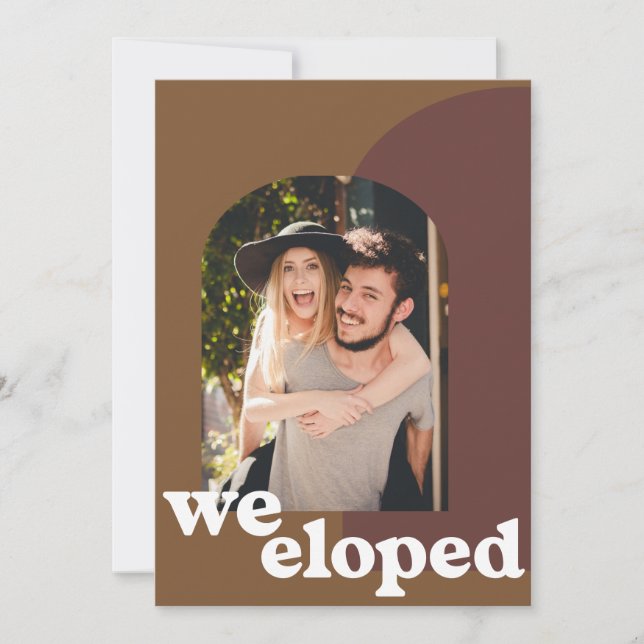 Simple We Eloped Photo with Brown Geometric Shapes Announcement (Front)
