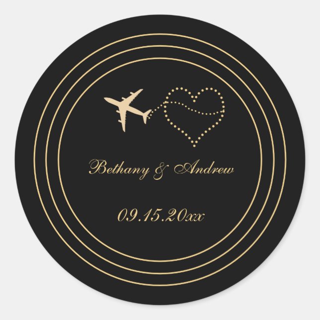 Simple Wedding Black Gold Travel Classic Round Sticker (Front)