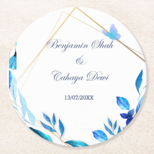 simple wedding costar with blue petal and white round paper coaster