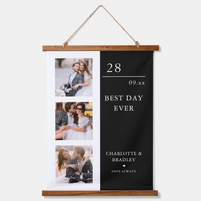 Simple Wedding Couple 3 Photo Picture Hanging Tapestry (Front)