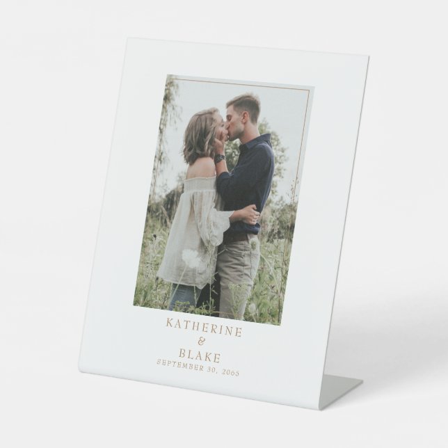 Simple Wedding Couple Photo Names & Date Pedestal Pedestal Sign (Front)