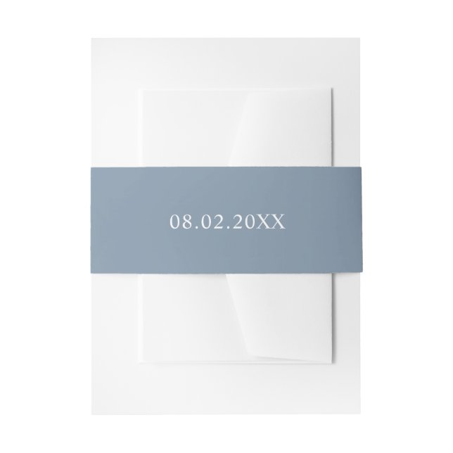Simple wedding date dusty blue belly band invitation belly band (Front Example)