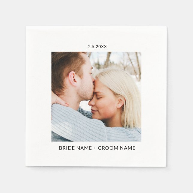 Simple Wedding Engagement Photo Names Date Napkin (Front)