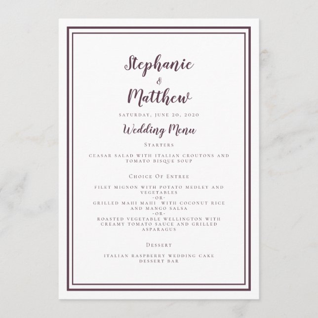 Simple Wedding Menu Trendy Purple Chic Framed (Front)
