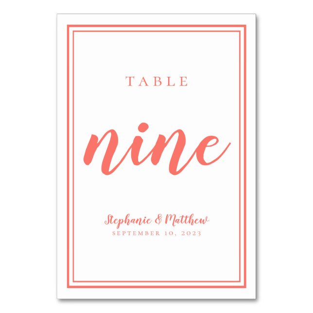 Simple Wedding Minimalist Table Nine Coral & White Number (Front)