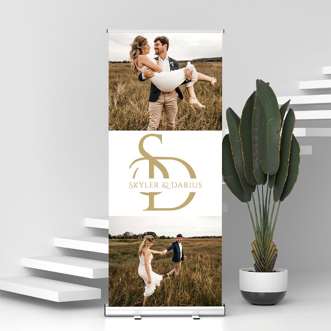 Simple Wedding Monogram Personalised 2 Photo Retractable Banner (Creator Uploaded)