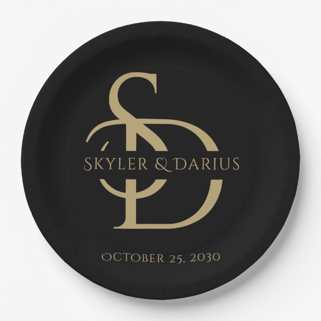 Simple Wedding Monogram Personalised With Name Paper Plate (Front)
