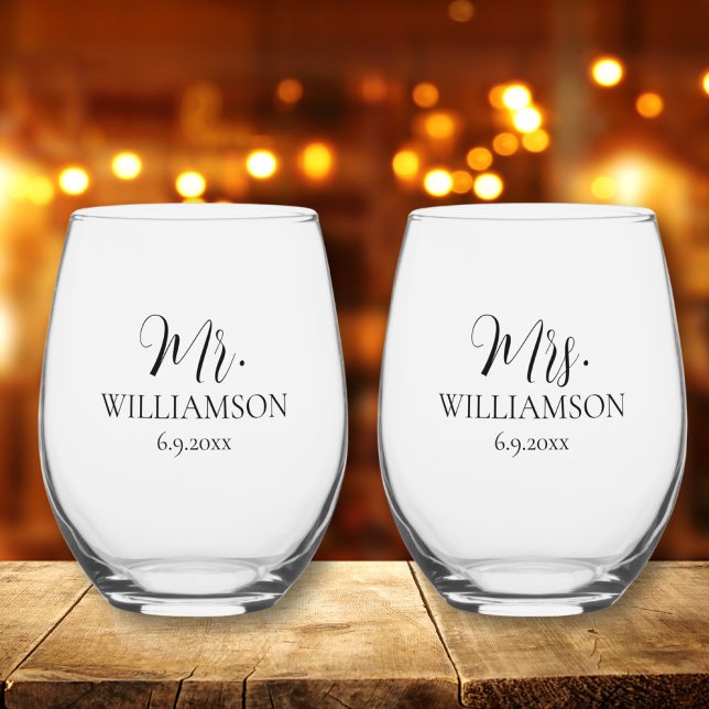 Simple Wedding Mr. Mrs. Names Date Custom  Stemless Wine Glass (Creator Uploaded)