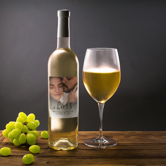 Simple Wedding Photo Script Custom Wine Label (Wedding wine label with elegant calligraphy script and photo template. )