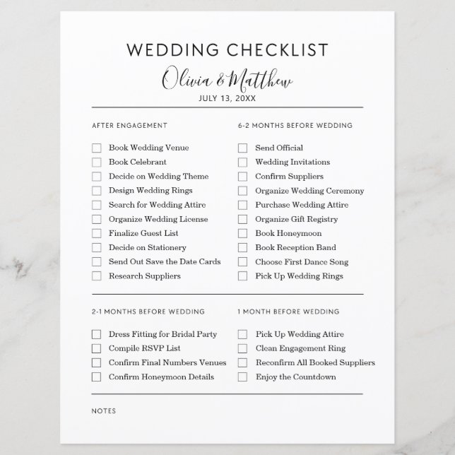 Simple Wedding Planner Checklist Personalised  (Front)