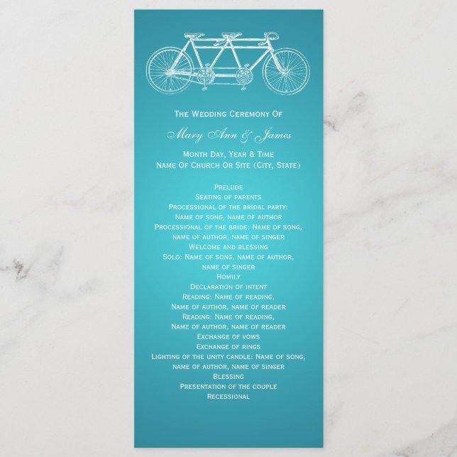 Simple Wedding Program Tandem Bike Turquoise Programme (Front)