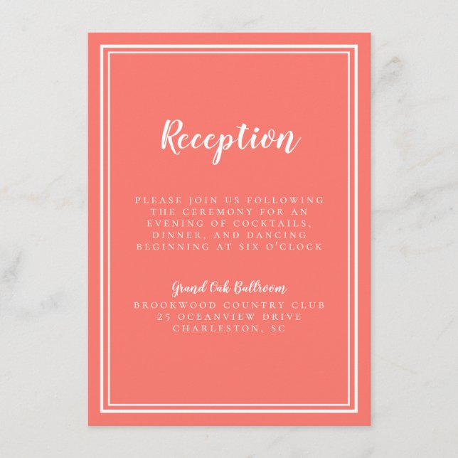 Simple Wedding Reception Coral & White Frame Enclosure Card (Front)