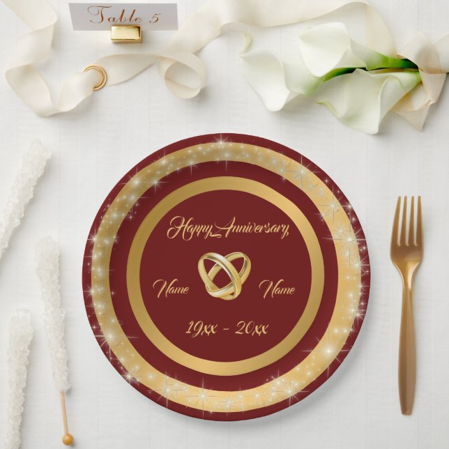 Simple Wedding Rings Customise Gold Anniversary Paper Plate (Wedding)