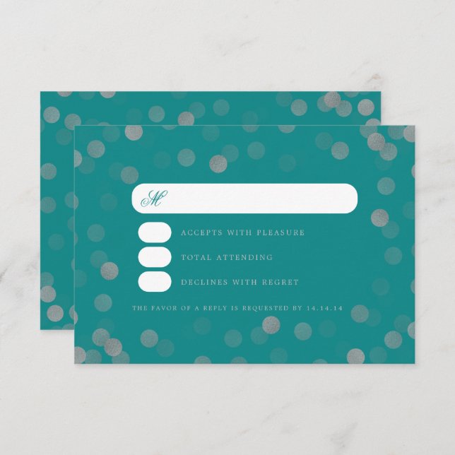 Simple Wedding Silver Confetti RSVP Teal  (Front/Back)