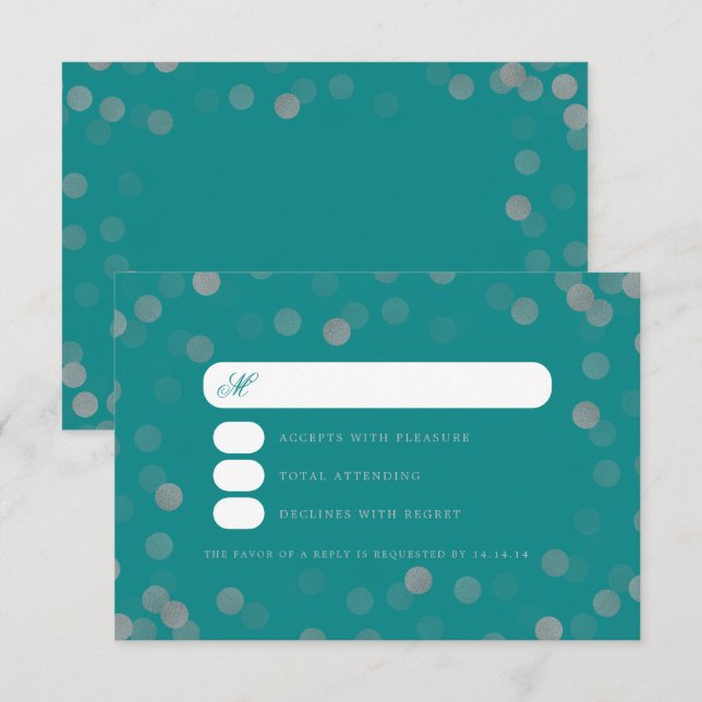 Simple Wedding Silver Confetti RSVP Teal  Card (Front/Back)