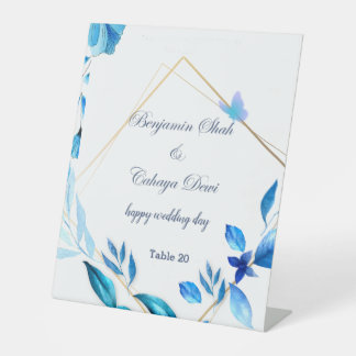 simple wedding table pedestal sign blue and white