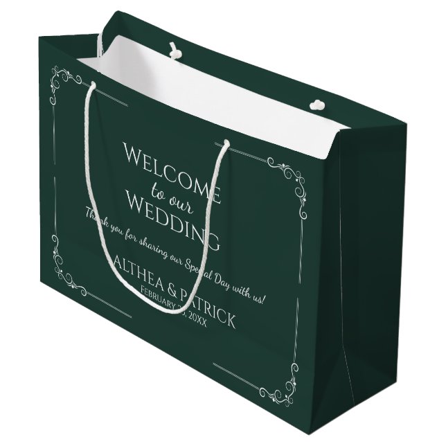 Simple Wedding Thank You Dark Green Background Large Gift Bag (Front Angled)