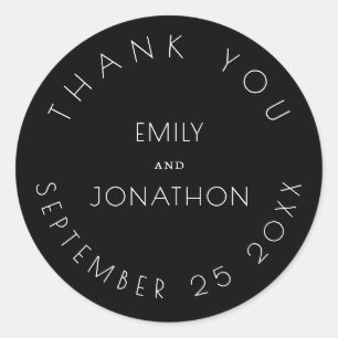 Simple Wedding Thank You Names Date Black White Classic Round Sticker