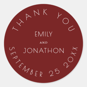 Simple Wedding Thank You Names Date Burgundy Classic Round Sticker