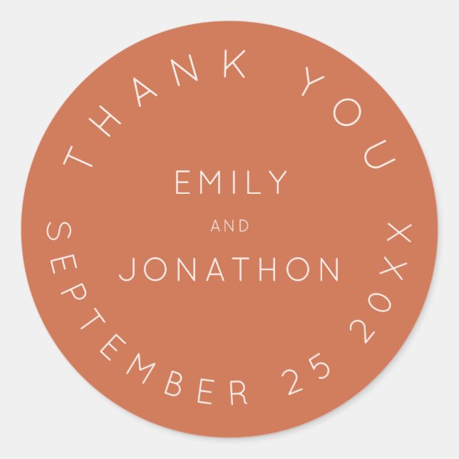 Simple Wedding Thank You Names Date Terracotta  Classic Round Sticker (Front)