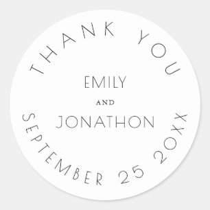 Simple Wedding Thank You Names Date White Black Classic Round Sticker