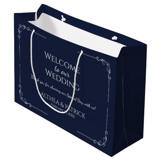 Simple Wedding Thank You Navy Blue Background Large Gift Bag (Front Angled)