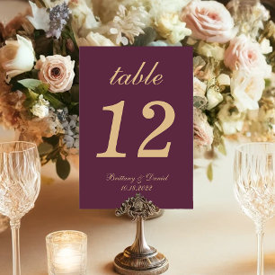 Simple Wedding Wine Colour Gold Script Calligraphy Table Number