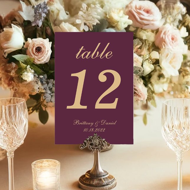 Simple Wedding Wine Colour Gold Script Calligraphy Table Number (Creator Uploaded)