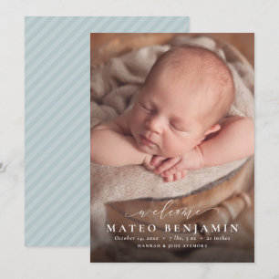 Simple welcome script blue photo birth announcement