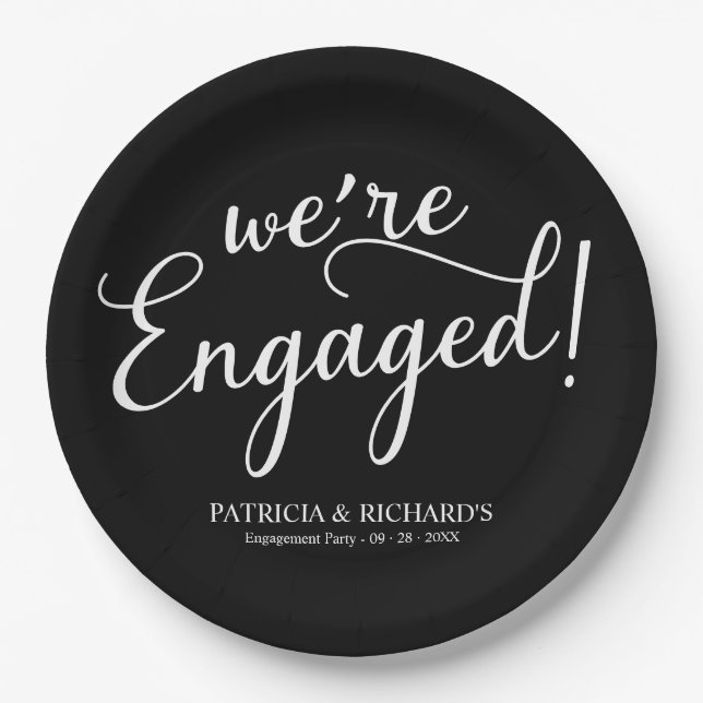 Simple We're Engaged Engagement Party Black  Paper Plate (Front)
