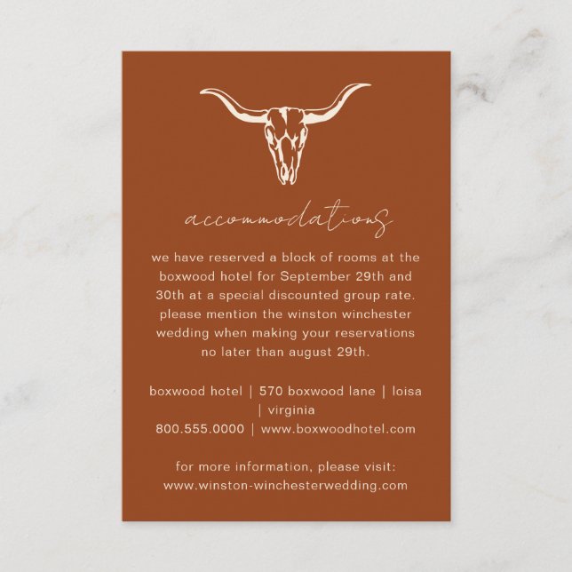 Simple Western Bohemian Cow Skull Accommodations Enclosure Card (Front)
