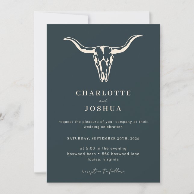 Simple Western Bohemian Cow Skull Photo Wedding  Invitation (Front)