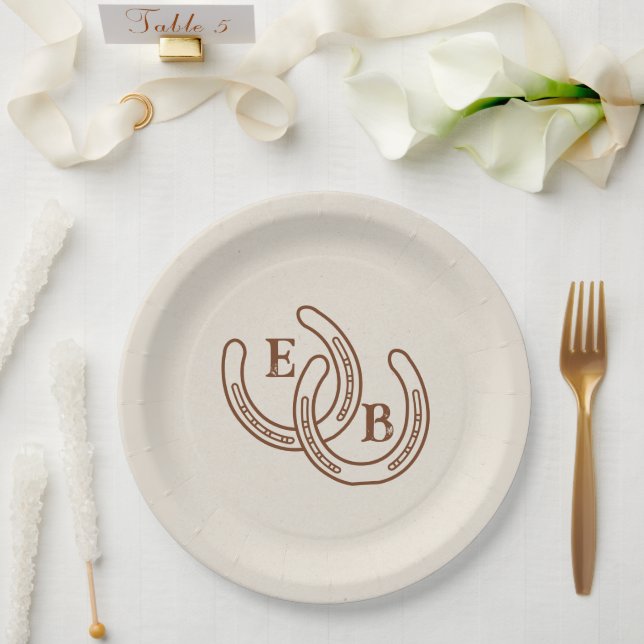 Simple Western Horseshoe Wedding Monogram Paper Plate (Wedding)