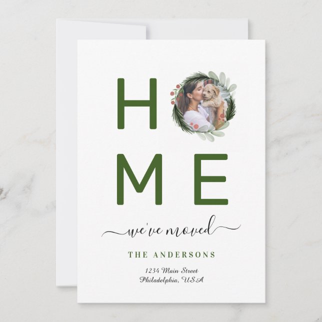 Simple We've Moved Christmas Photo Wreath HOME Announcement (Front)