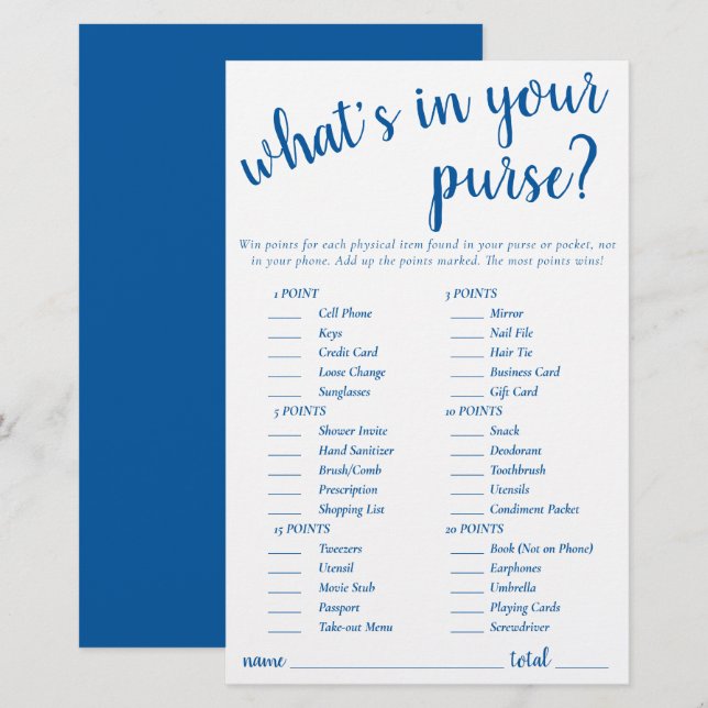 Simple Whats In Your Purse | Blue Game Card (Front/Back)