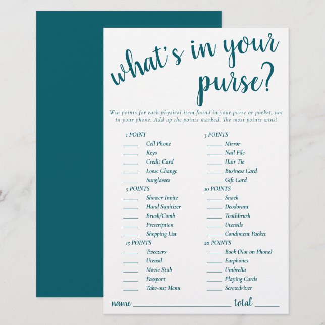 Simple Whats In Your Purse | Teal Aqua Game Card (Front/Back)