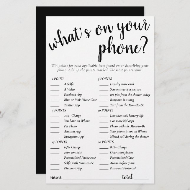 Simple Whats on Your Phone | Black White Game Card (Front/Back)