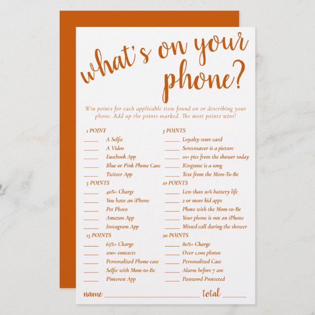 Simple Whats on Your Phone | Fall Orange Game Card (Front/Back)