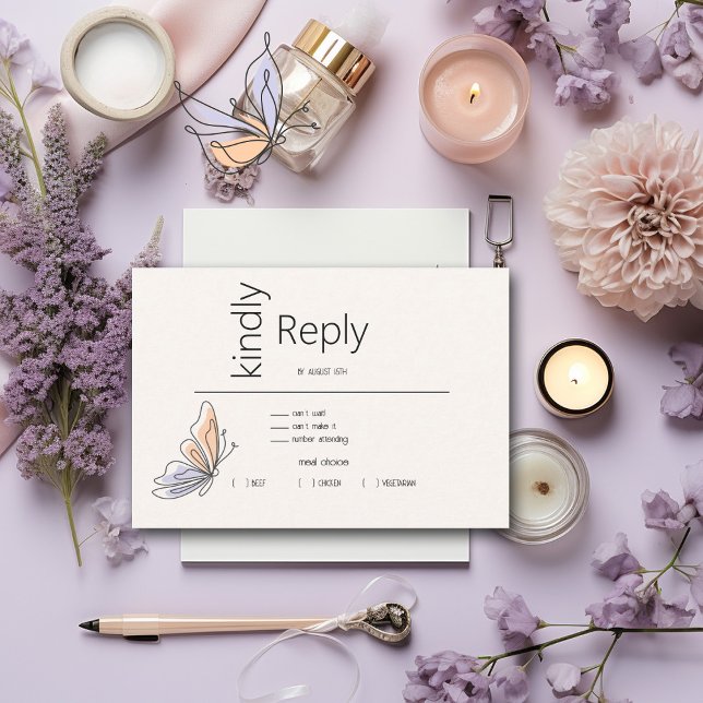 Simple Whimsical Butterfly Coral and Violet RSVP Card (Creator Uploaded)